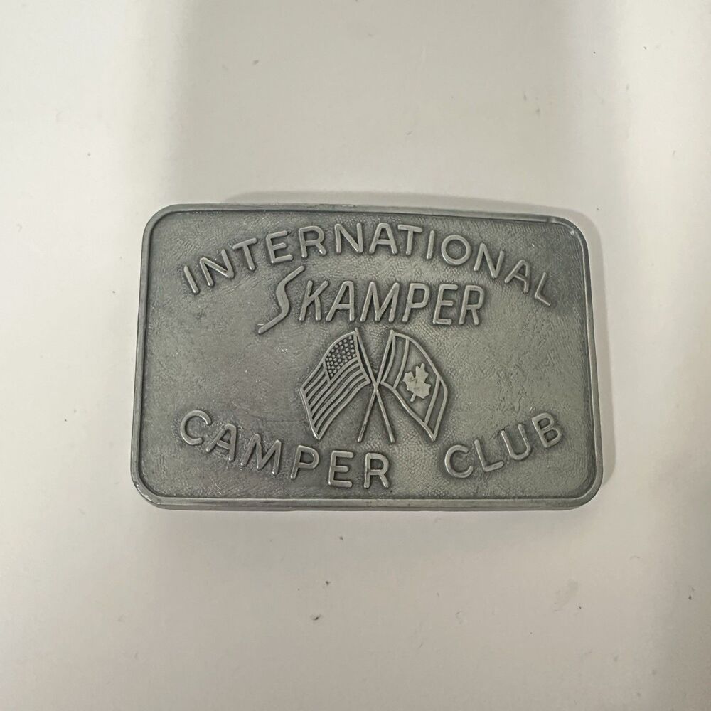 Vintage International Skamper Camper Club Belt Buckle Silver Tone RV Flag